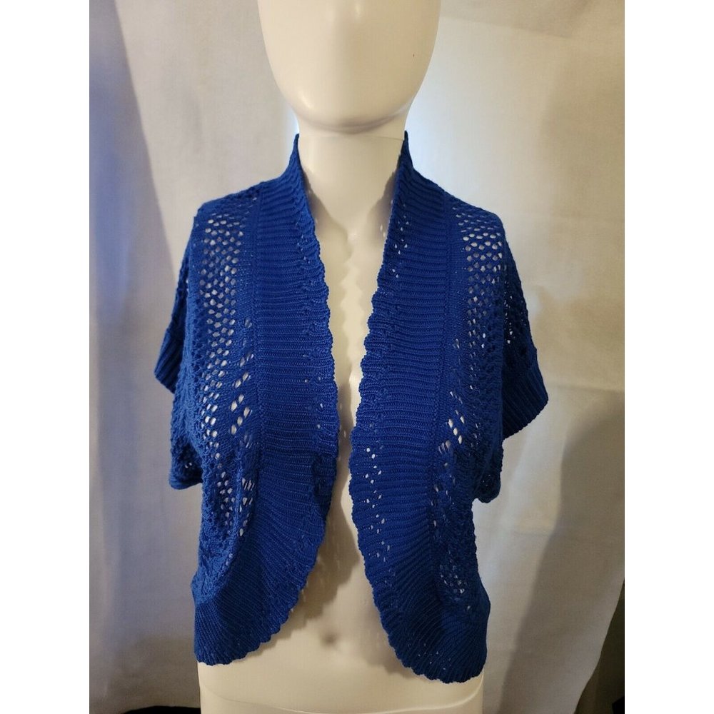 SIGNATURE BY ROBBIE BEE Women Blue Crochet Knit Bolero Cardigan Size 16 NWT